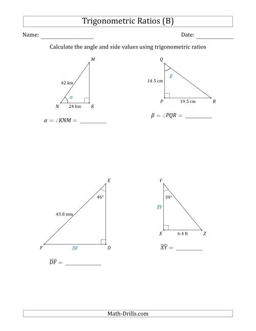 The Calculating Angle and Side Values Using Trigonometric Ratios (B) Math Worksheet