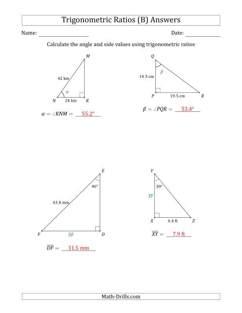 The Calculating Angle and Side Values Using Trigonometric Ratios (B) Math Worksheet Page 2