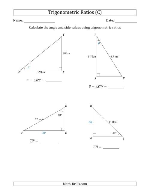 The Calculating Angle and Side Values Using Trigonometric Ratios (C) Math Worksheet