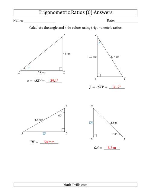 The Calculating Angle and Side Values Using Trigonometric Ratios (C) Math Worksheet Page 2