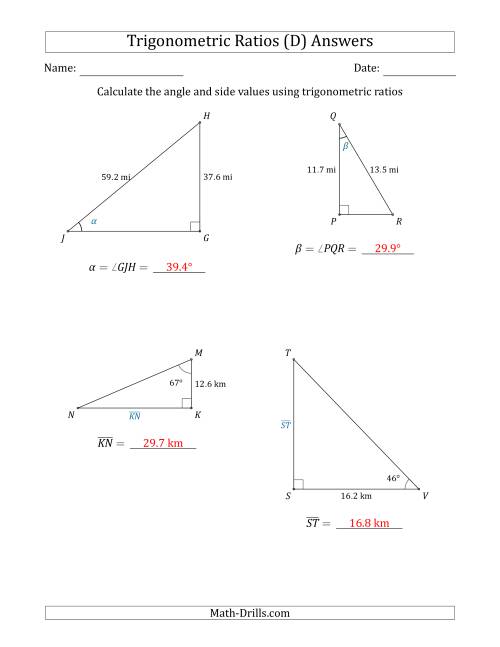 The Calculating Angle and Side Values Using Trigonometric Ratios (D) Math Worksheet Page 2