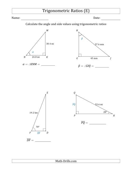 The Calculating Angle and Side Values Using Trigonometric Ratios (E) Math Worksheet