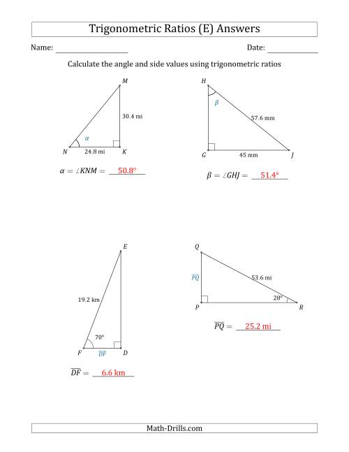 The Calculating Angle and Side Values Using Trigonometric Ratios (E) Math Worksheet Page 2