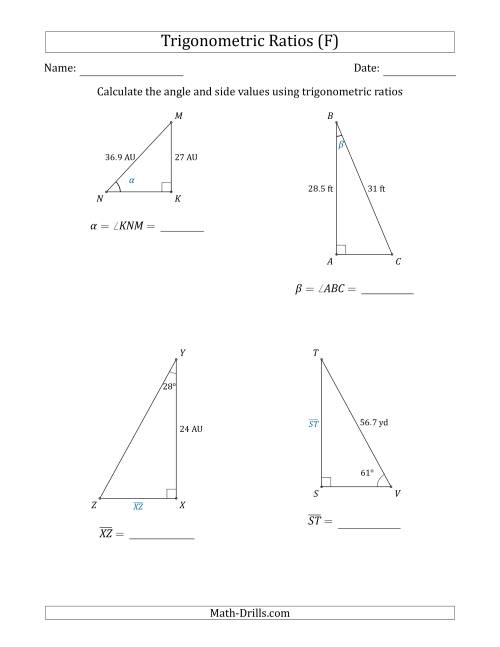 The Calculating Angle and Side Values Using Trigonometric Ratios (F) Math Worksheet