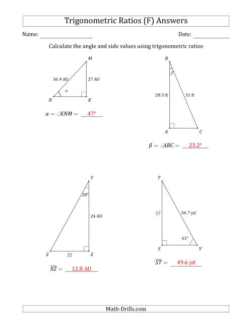 The Calculating Angle and Side Values Using Trigonometric Ratios (F) Math Worksheet Page 2