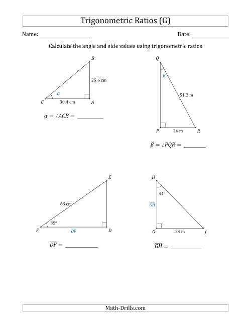 The Calculating Angle and Side Values Using Trigonometric Ratios (G) Math Worksheet