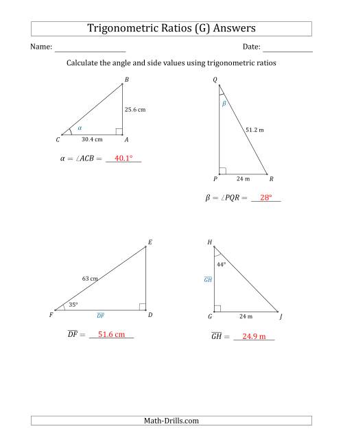 The Calculating Angle and Side Values Using Trigonometric Ratios (G) Math Worksheet Page 2