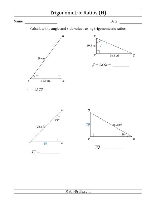 The Calculating Angle and Side Values Using Trigonometric Ratios (H) Math Worksheet