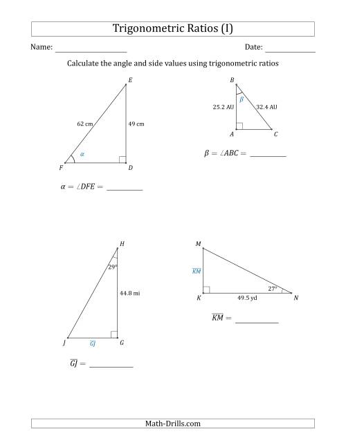 The Calculating Angle and Side Values Using Trigonometric Ratios (I) Math Worksheet