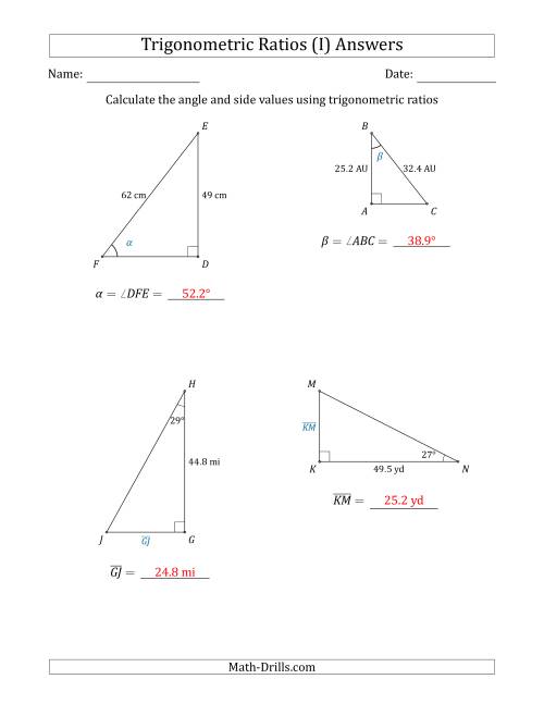 The Calculating Angle and Side Values Using Trigonometric Ratios (I) Math Worksheet Page 2