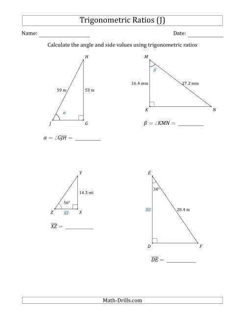 The Calculating Angle and Side Values Using Trigonometric Ratios (J) Math Worksheet