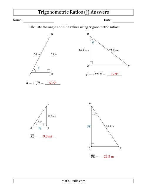 The Calculating Angle and Side Values Using Trigonometric Ratios (J) Math Worksheet Page 2