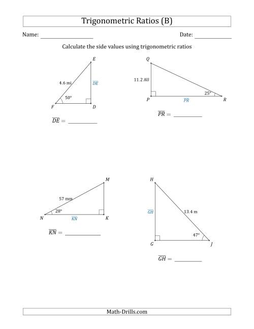The Calculating Side Values Using Trigonometric Ratios (B) Math Worksheet