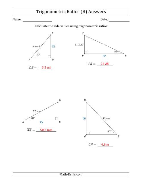 The Calculating Side Values Using Trigonometric Ratios (B) Math Worksheet Page 2