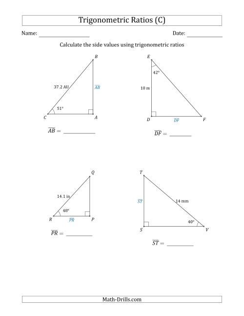 The Calculating Side Values Using Trigonometric Ratios (C) Math Worksheet