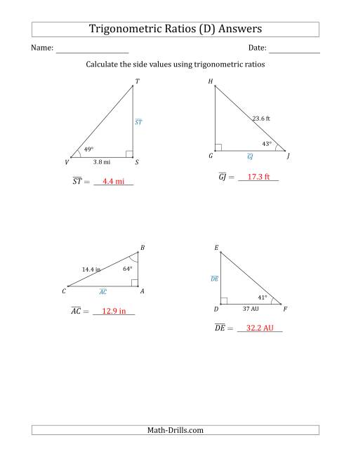 The Calculating Side Values Using Trigonometric Ratios (D) Math Worksheet Page 2