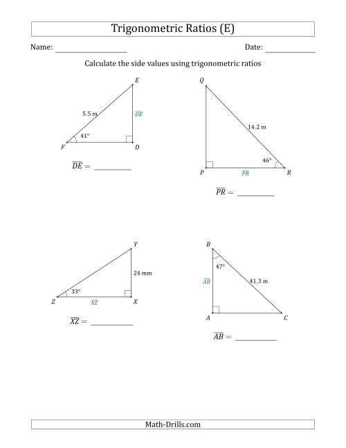 The Calculating Side Values Using Trigonometric Ratios (E) Math Worksheet