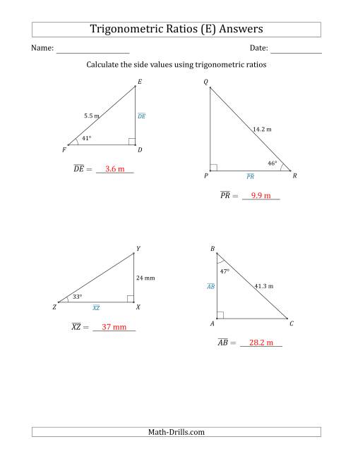 The Calculating Side Values Using Trigonometric Ratios (E) Math Worksheet Page 2