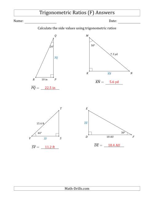 The Calculating Side Values Using Trigonometric Ratios (F) Math Worksheet Page 2
