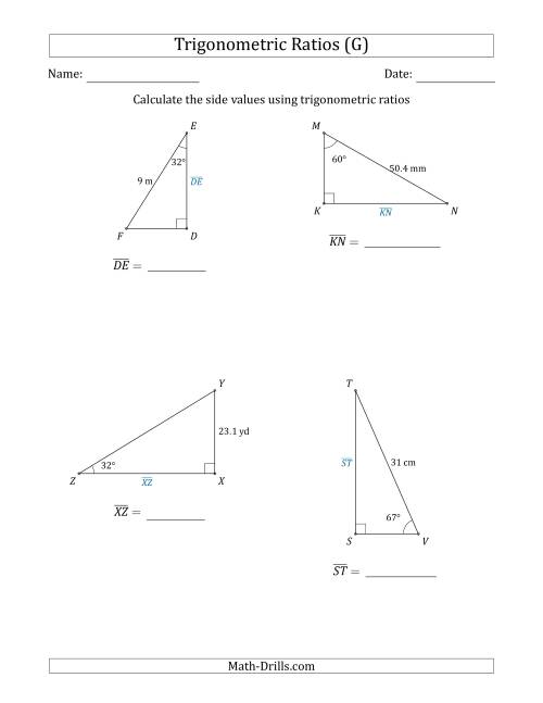 The Calculating Side Values Using Trigonometric Ratios (G) Math Worksheet