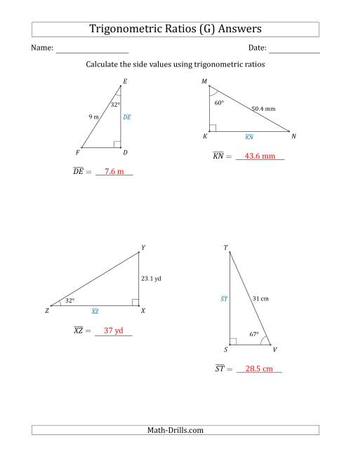 The Calculating Side Values Using Trigonometric Ratios (G) Math Worksheet Page 2