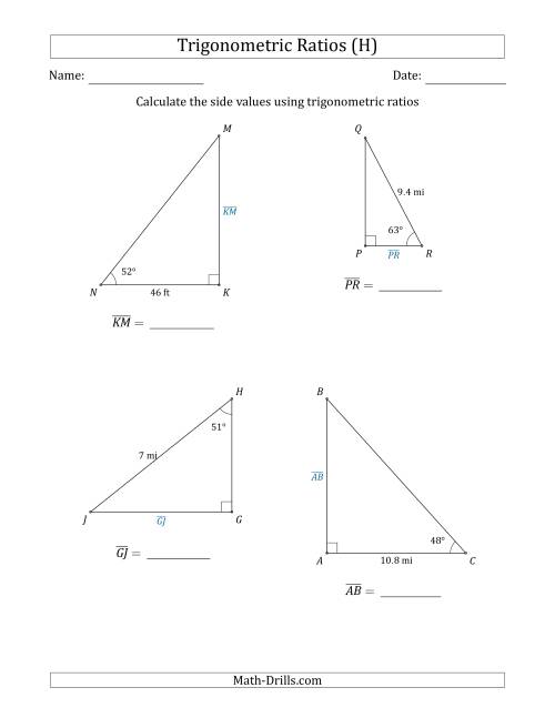 The Calculating Side Values Using Trigonometric Ratios (H) Math Worksheet