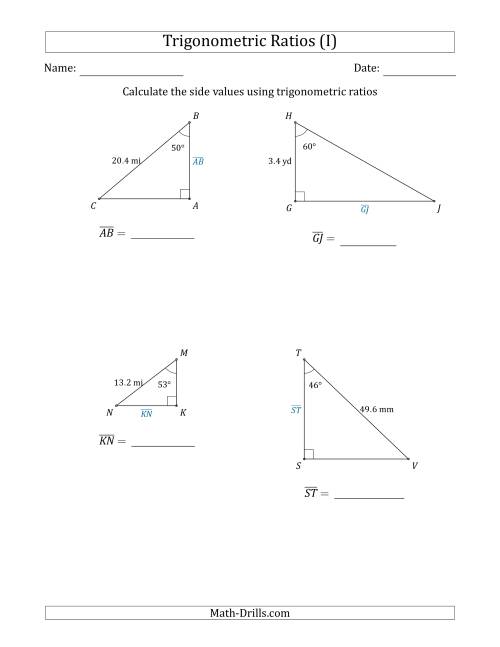 The Calculating Side Values Using Trigonometric Ratios (I) Math Worksheet