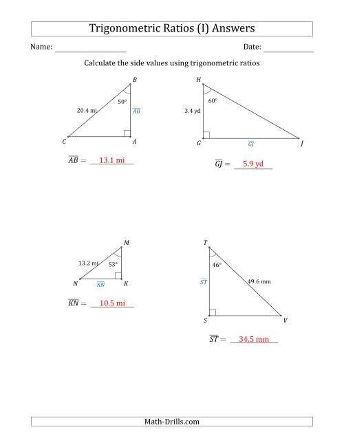 The Calculating Side Values Using Trigonometric Ratios (I) Math Worksheet Page 2