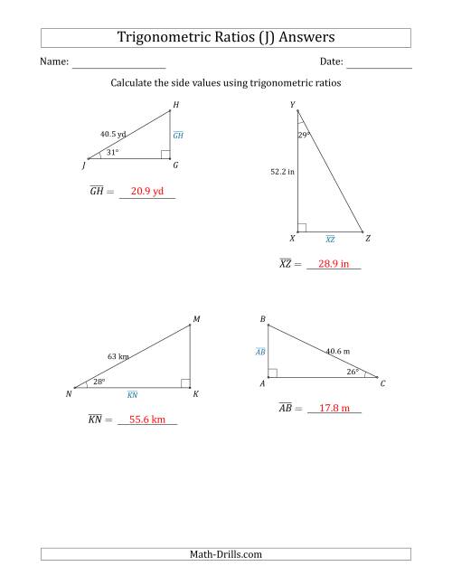 The Calculating Side Values Using Trigonometric Ratios (J) Math Worksheet Page 2