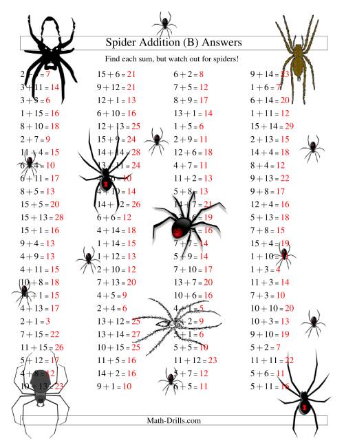 The Spider Addition Facts to 30 (B) Math Worksheet Page 2