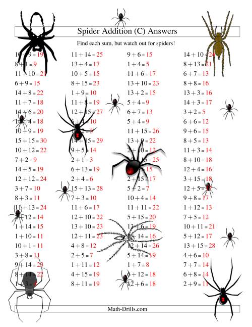 The Spider Addition Facts to 30 (C) Math Worksheet Page 2