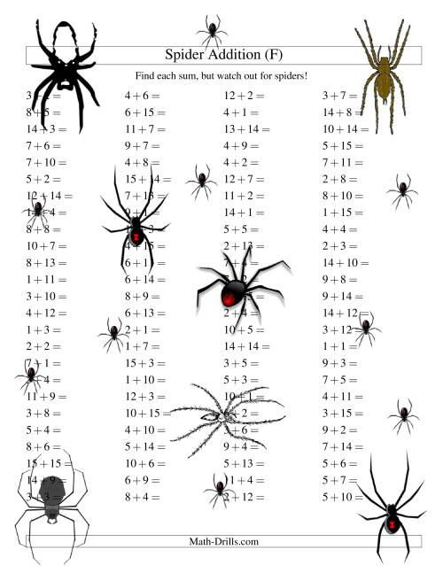 The Spider Addition Facts to 30 (F) Math Worksheet