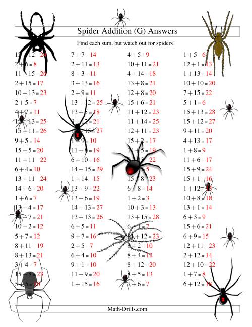 The Spider Addition Facts to 30 (G) Math Worksheet Page 2