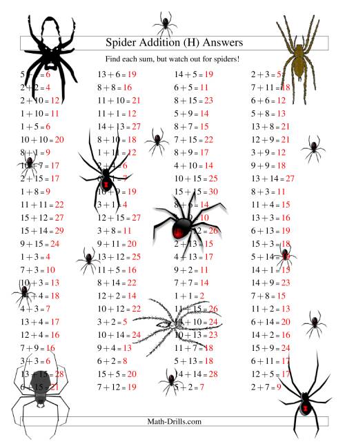 The Spider Addition Facts to 30 (H) Math Worksheet Page 2
