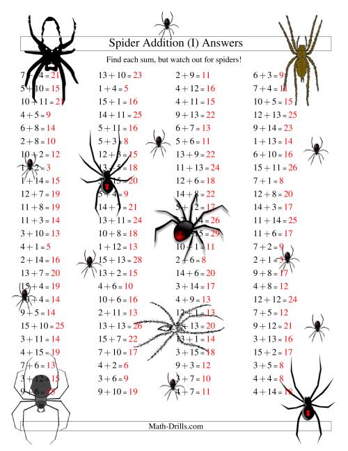The Spider Addition Facts to 30 (I) Math Worksheet Page 2