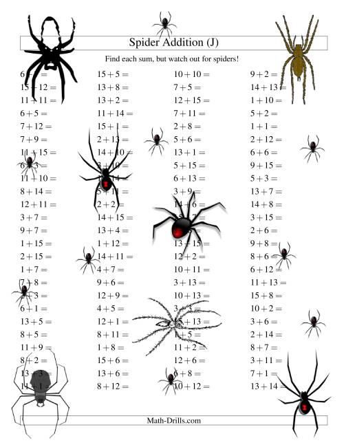The Spider Addition Facts to 30 (J) Math Worksheet