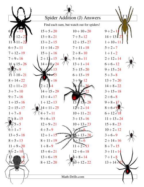 The Spider Addition Facts to 30 (J) Math Worksheet Page 2