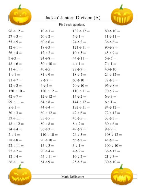 The Jack-o-Lantern Division Facts to 144 (A) Math Worksheet
