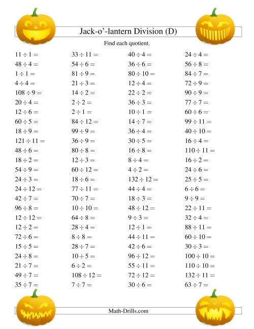 The Jack-o-Lantern Division Facts to 144 (D) Math Worksheet