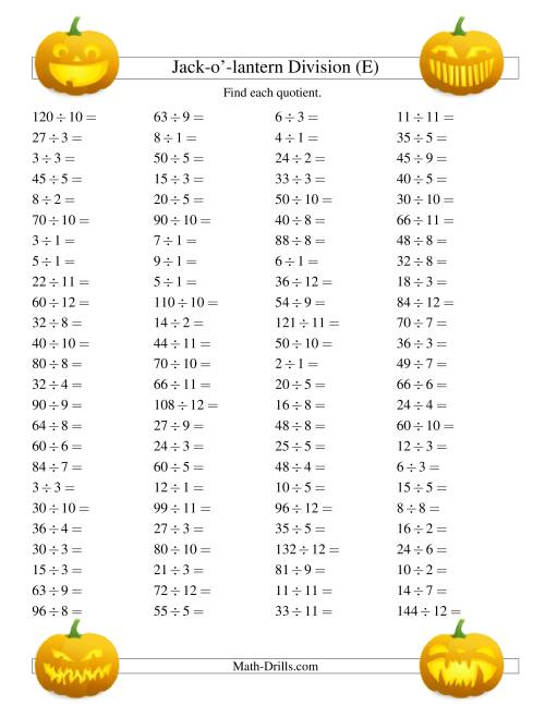 The Jack-o-Lantern Division Facts to 144 (E) Math Worksheet