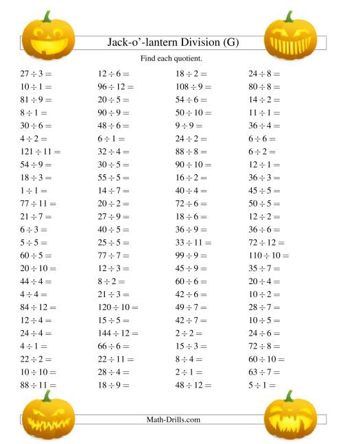 The Jack-o-Lantern Division Facts to 144 (G) Math Worksheet