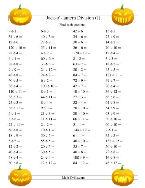 The Jack-o-Lantern Division Facts to 144 (J) Math Worksheet