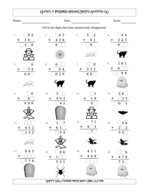 The Ghostly Figures Missing Digits Addition (Easier Version) (A) Math Worksheet