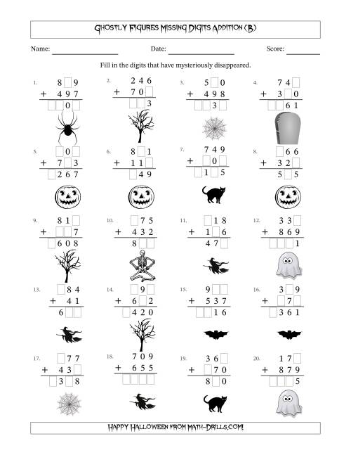 The Ghostly Figures Missing Digits Addition (Easier Version) (B) Math Worksheet