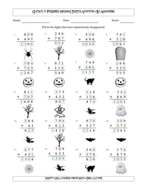 The Ghostly Figures Missing Digits Addition (Easier Version) (B) Math Worksheet Page 2