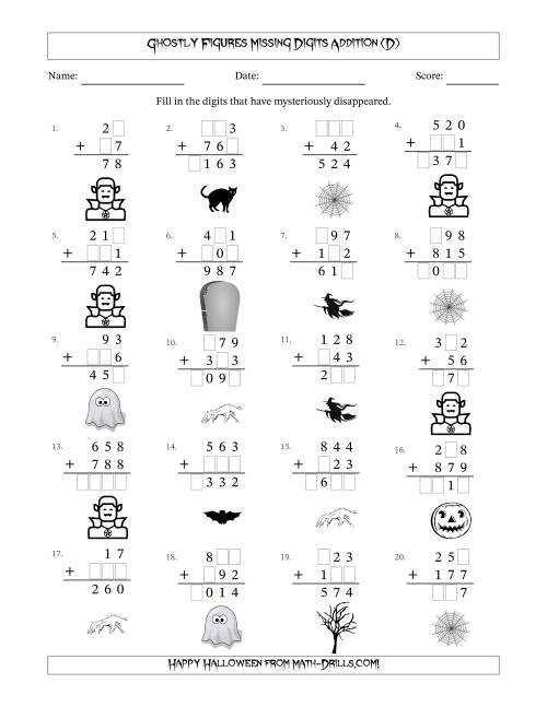 The Ghostly Figures Missing Digits Addition (Easier Version) (D) Math Worksheet