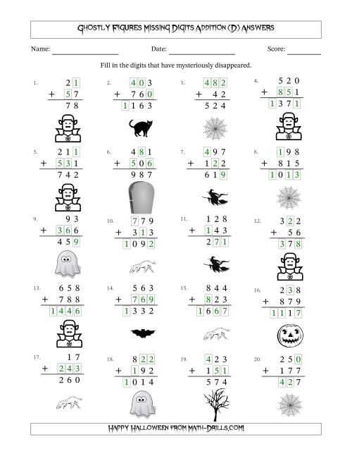The Ghostly Figures Missing Digits Addition (Easier Version) (D) Math Worksheet Page 2