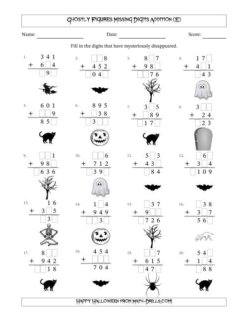 The Ghostly Figures Missing Digits Addition (Easier Version) (E) Math Worksheet