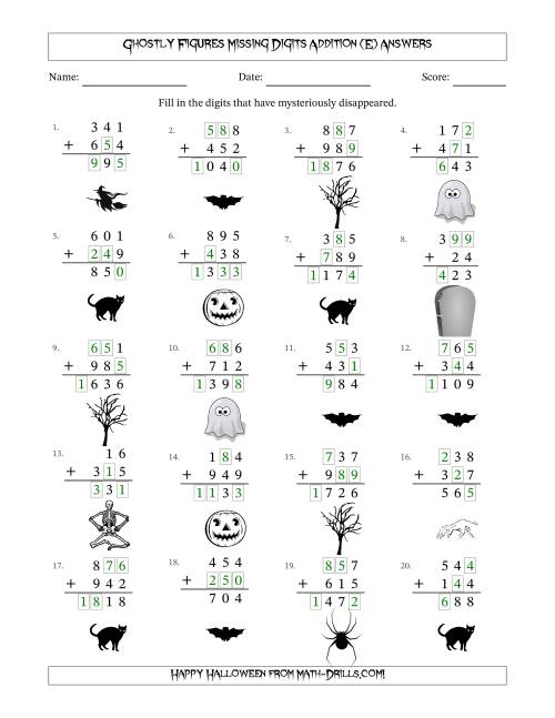 The Ghostly Figures Missing Digits Addition (Easier Version) (E) Math Worksheet Page 2