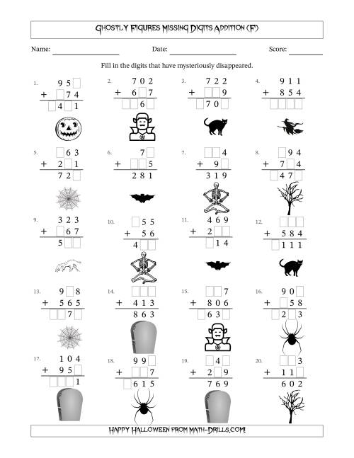 The Ghostly Figures Missing Digits Addition (Easier Version) (F) Math Worksheet